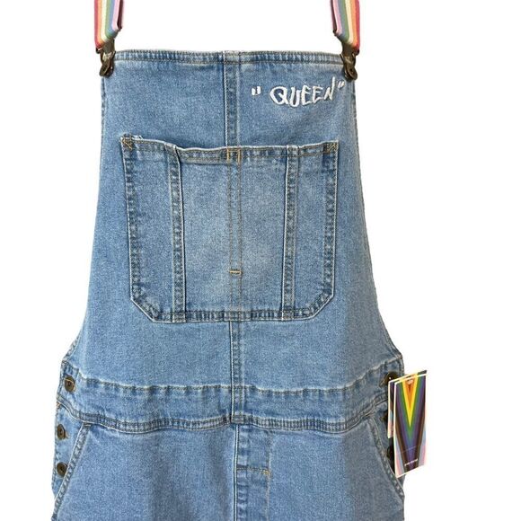 PRIDE SHORTALLS | Take PRIDE Queen Rainbow Patchwork Denim Unisex Shortalls - Picture 3 of 10